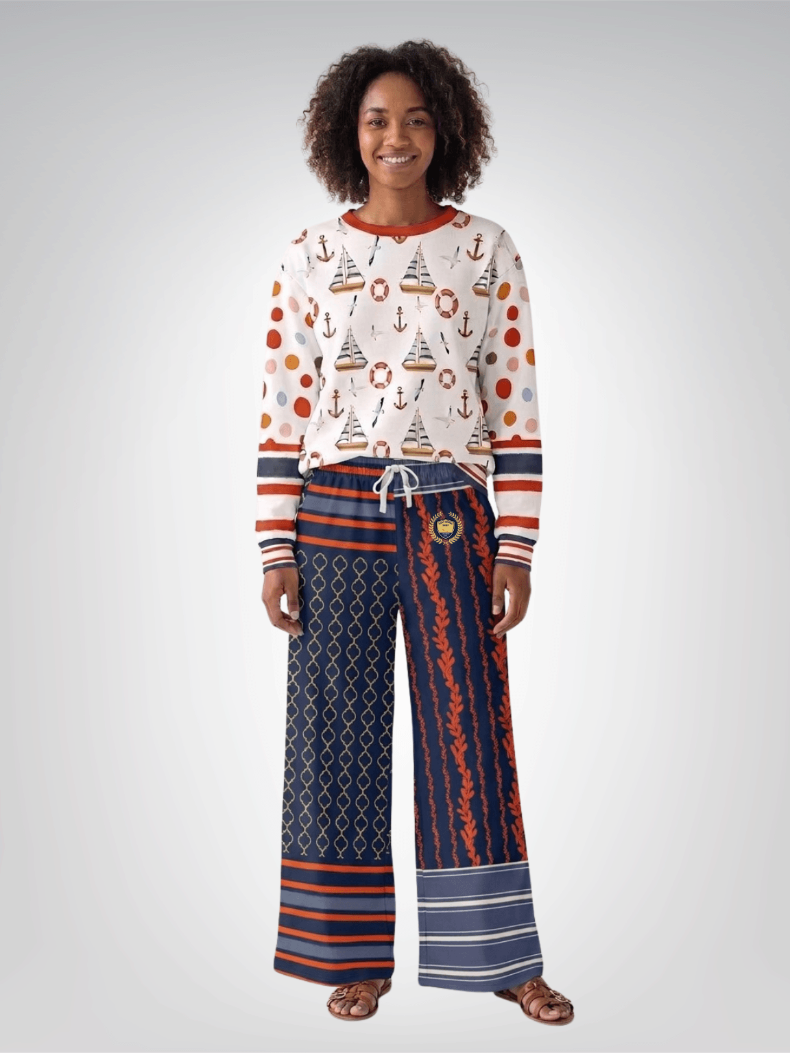 Sail Away Laurel Trellis Duo in Blue Eco-Poly Wide Leg Pants