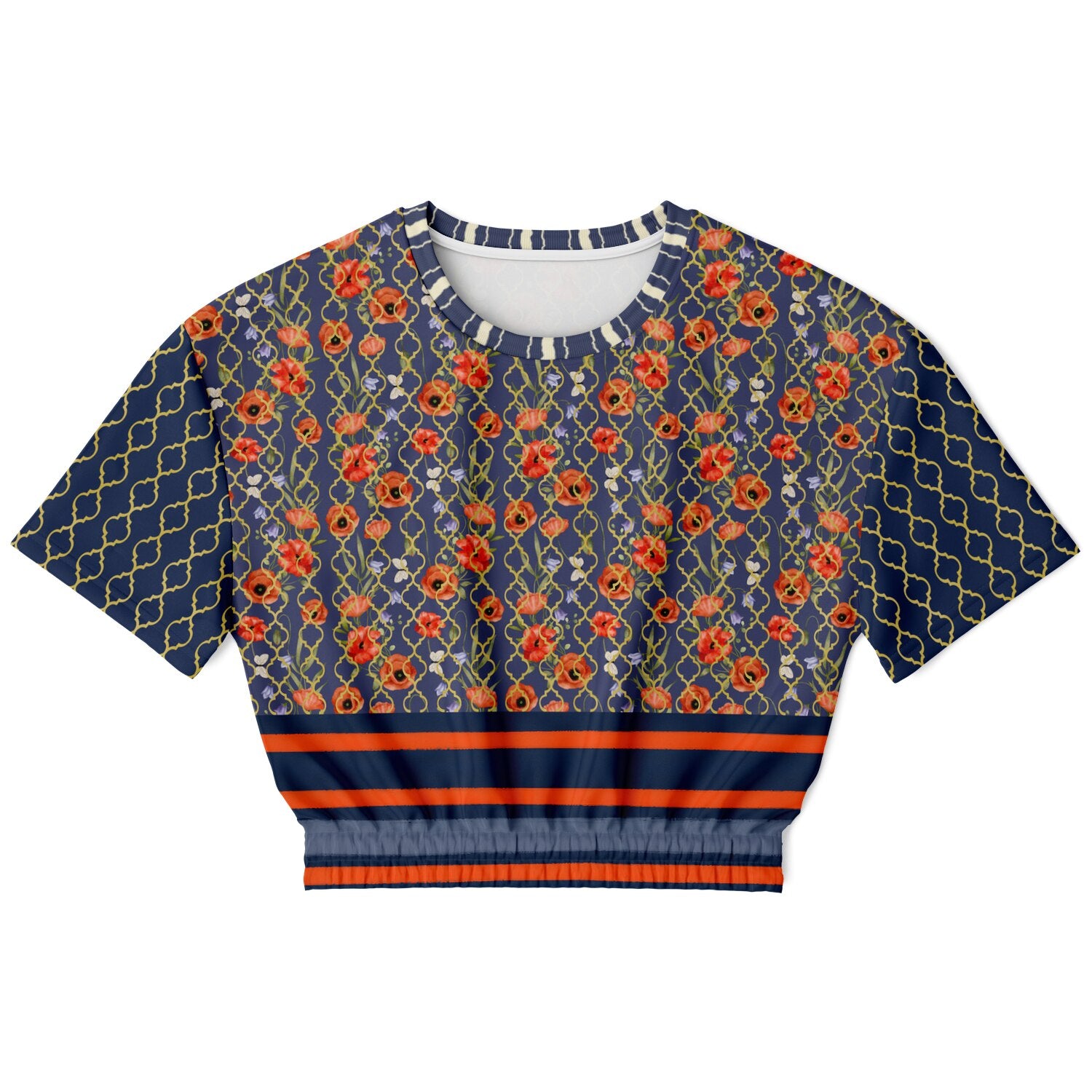 Sail Away in Denim Floral & Trefoil Eco-Poly Short Sleeve Cropped Pullover