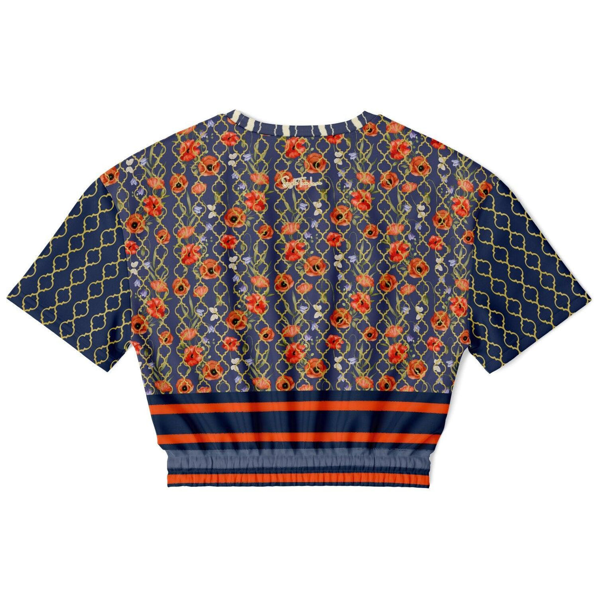 Sail Away in Denim Floral & Trefoil Eco-Poly Short Sleeve Cropped Pullover