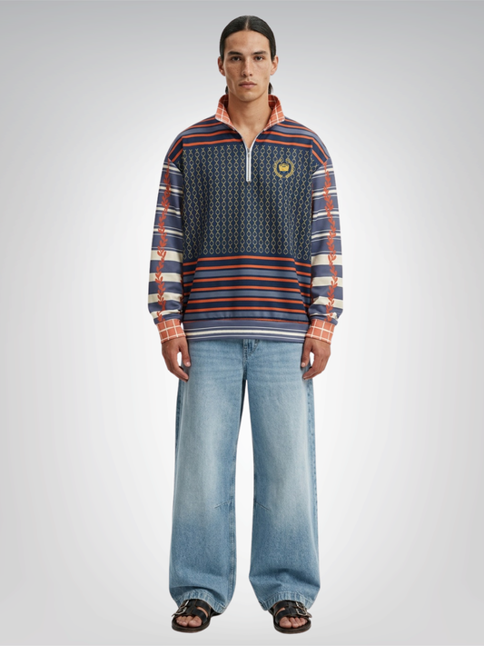 Sail Away Golden Trefoil in Blue Heavyweight Oversized Quarter Zip Sweatshirt