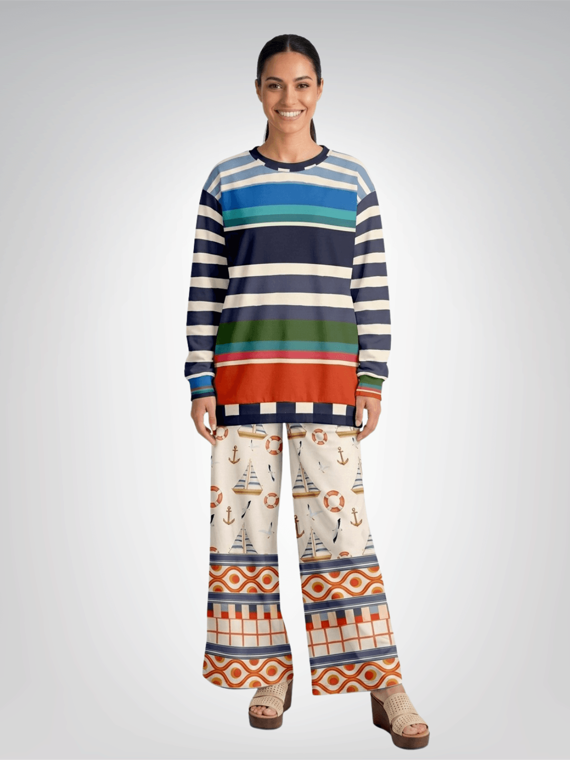 Sail Away Seaside Sandbar Coastal Regatta Eco-Poly Wide Leg Pants
