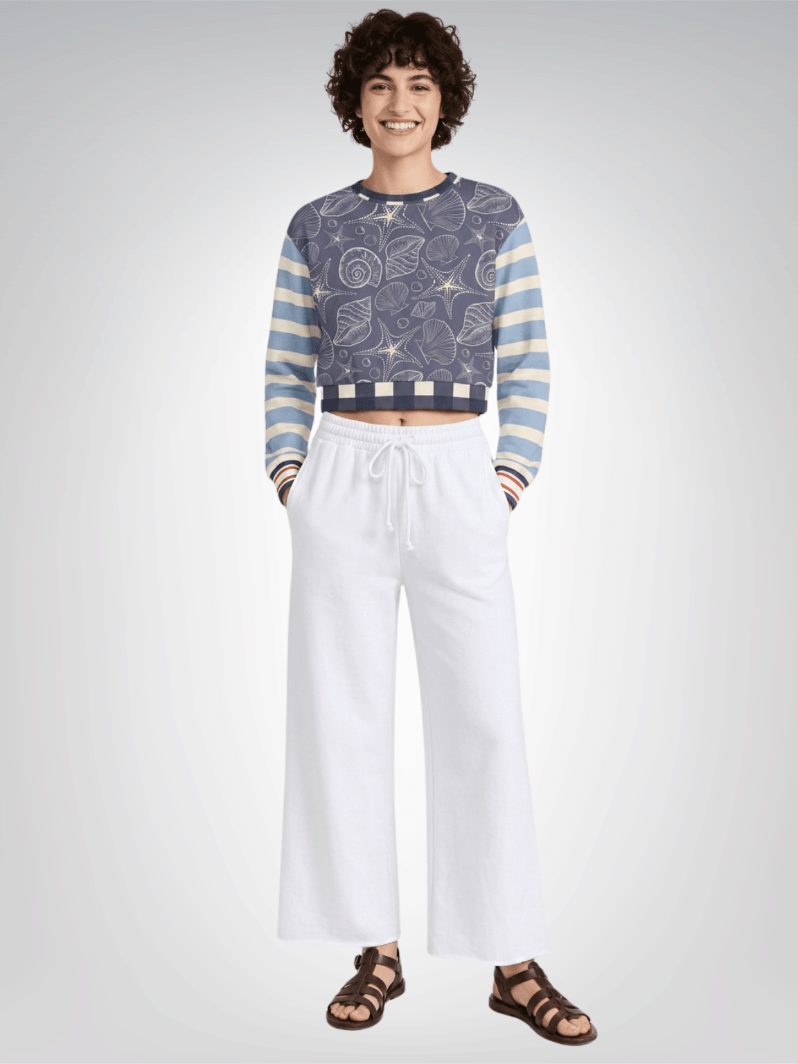 Sail Away Seashell Sketch in Blue Cropped Sweatshirt (Gold Label)