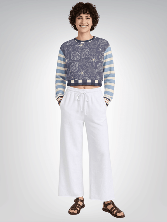 Sail Away Seashell Sketch in Blue Cropped Sweatshirt (Gold Label)