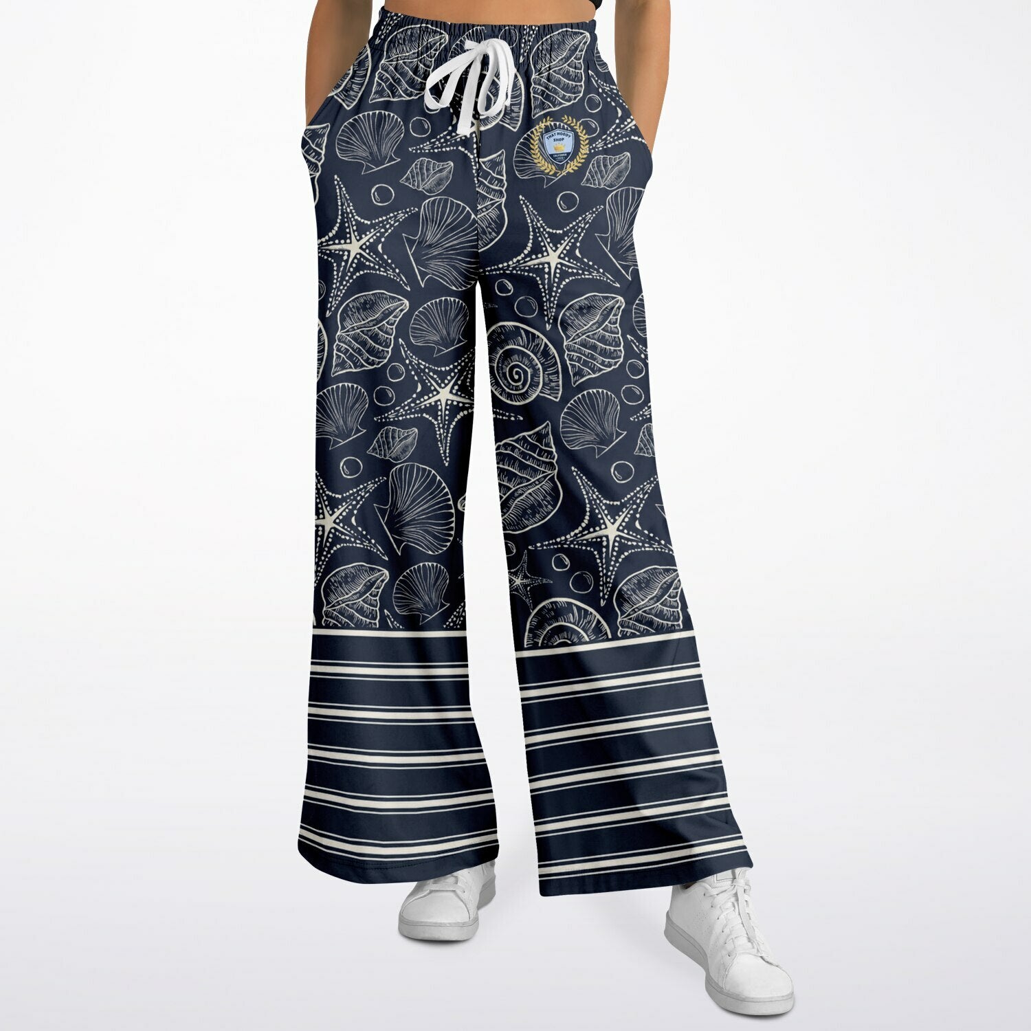 Sail Away Seashell Sketch in Midnight Eco-Poly Wide Leg Pants