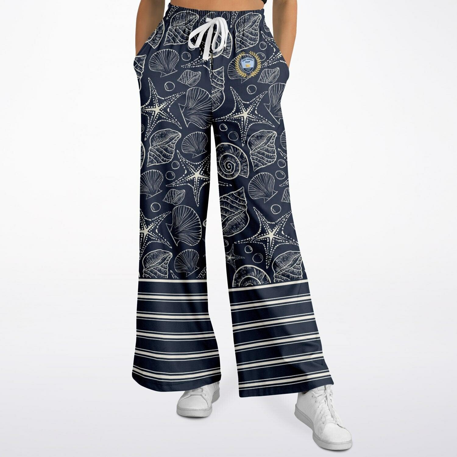 Sail Away Seashell Sketch in Midnight Eco-Poly Wide Leg Pants