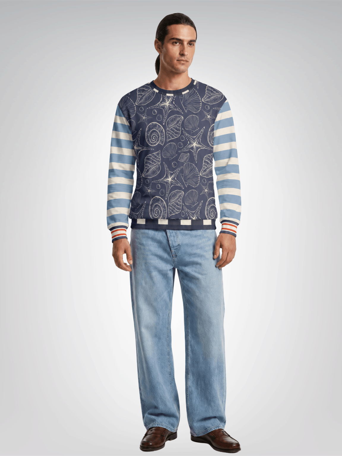 Sail Away Seashell Sketch Stripe Duo in Blue Unisex Sweatshirt (Gold Label)