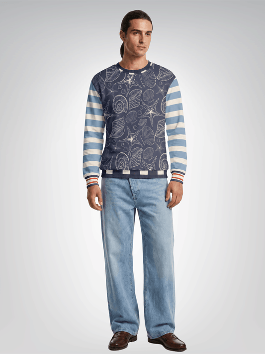 Sail Away Seashell Sketch Stripe Duo in Blue Unisex Sweatshirt (Gold Label)