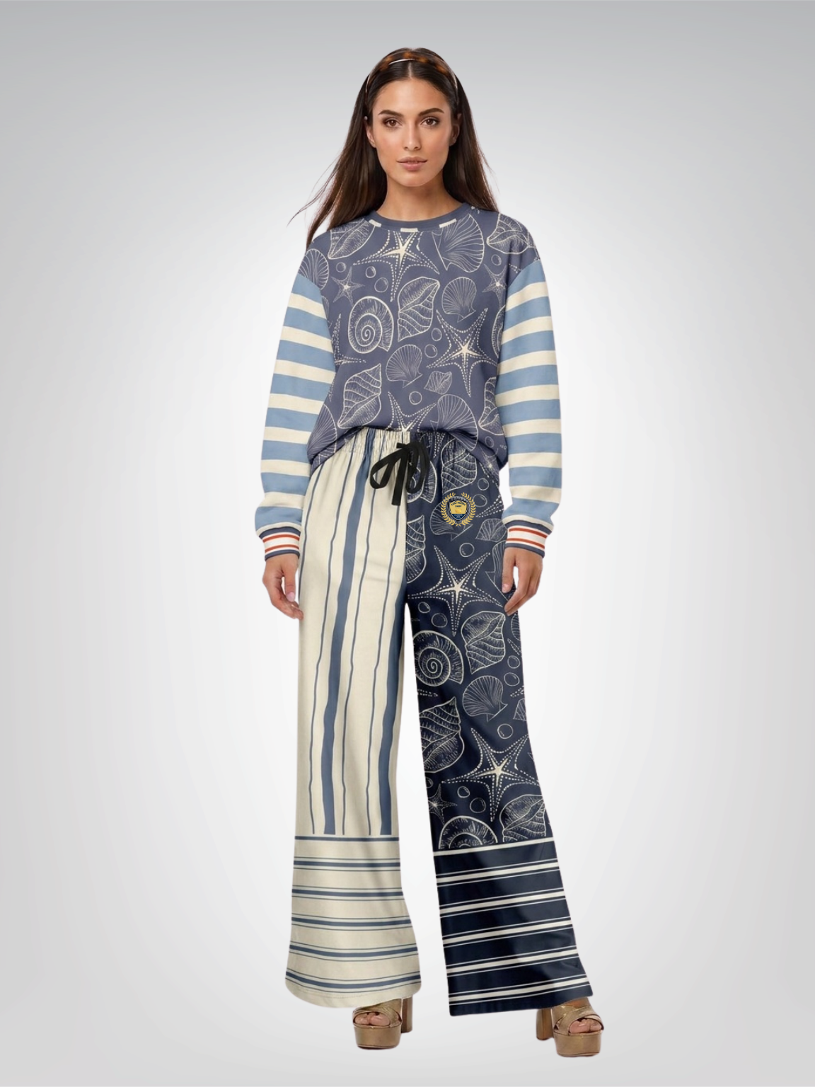 Sail Away Seashell Sketch Stripe Duo in Blue Unisex Sweatshirt (Gold Label)