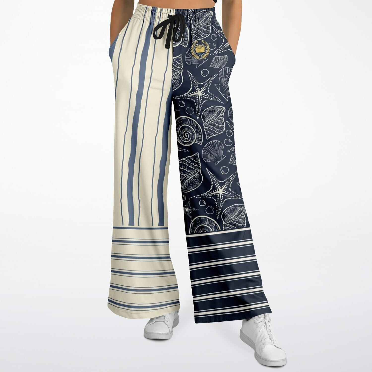 Sail Away Seashell Sketch Stripe Duo in Blue Eco-Poly Wide Leg Pants