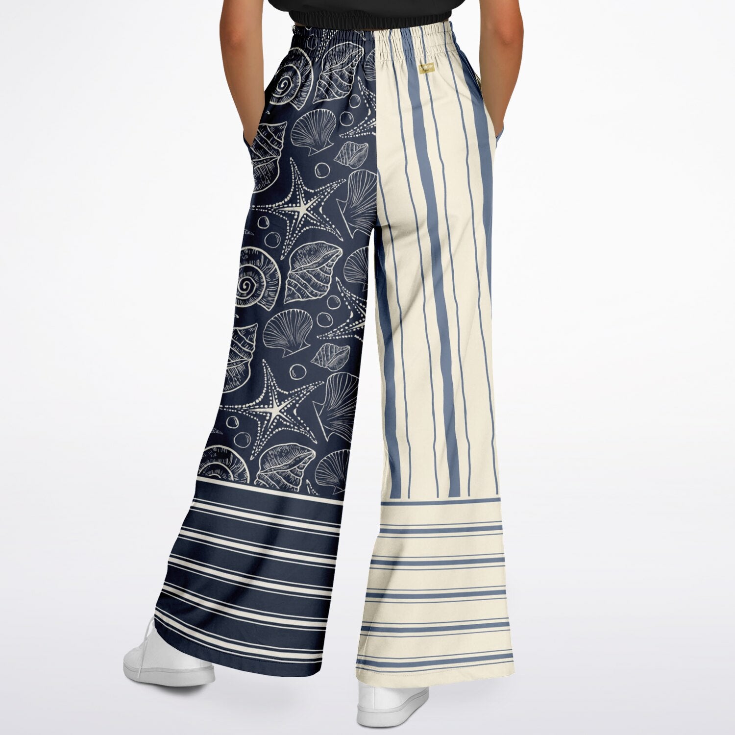 Sail Away Seashell Sketch Stripe Duo in Blue Eco-Poly Wide Leg Pants