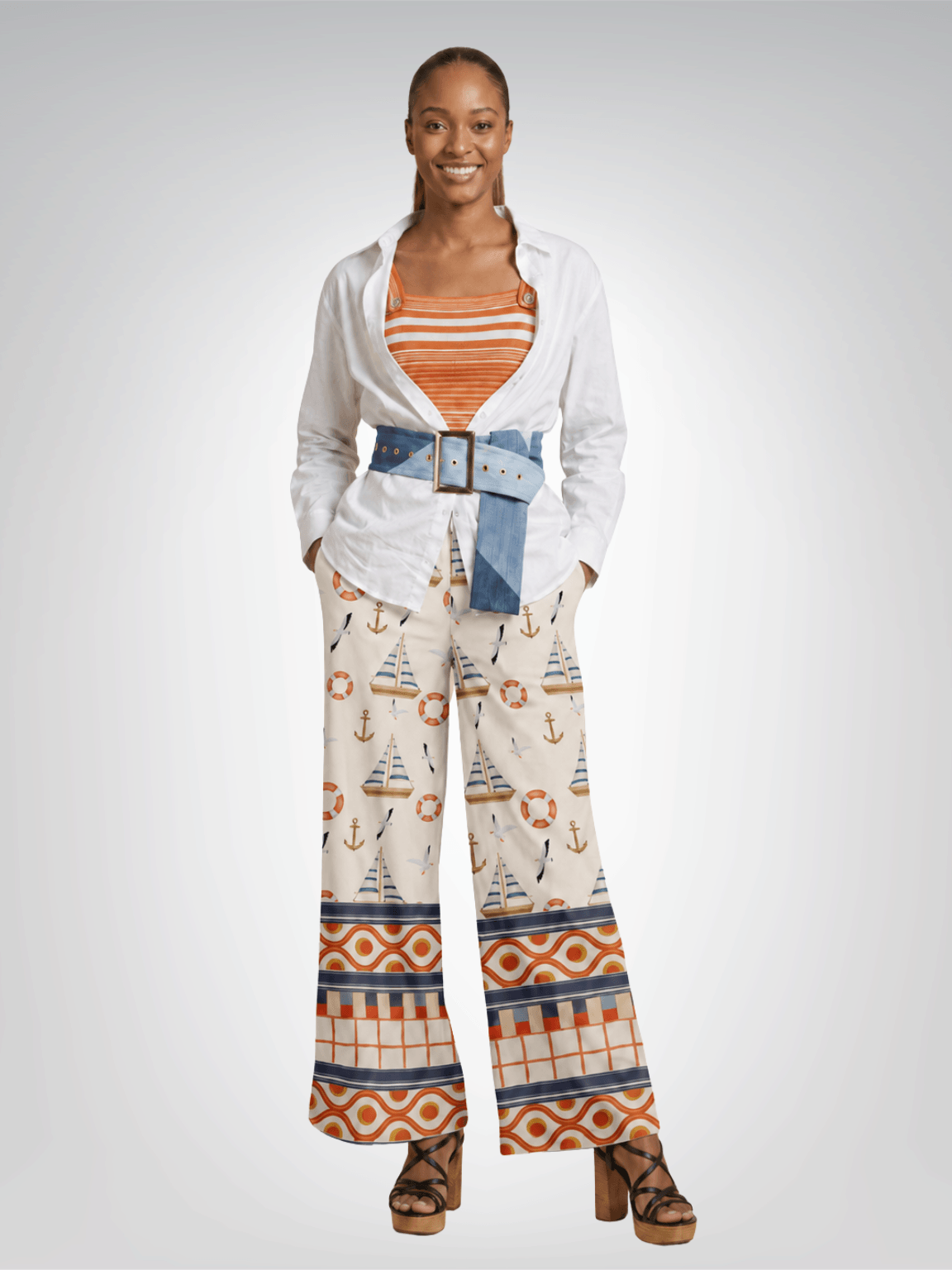 Sail Away Seaside Sandbar Coastal Regatta Eco-Poly Wide Leg Pants