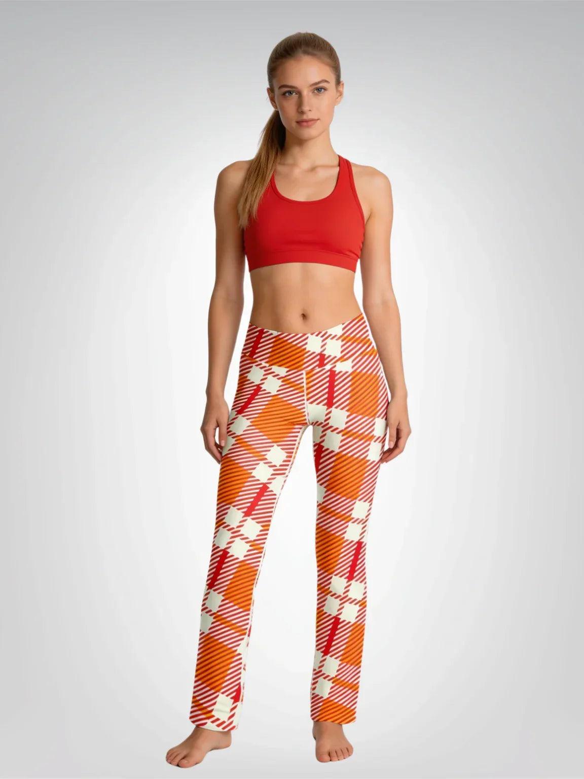 Salsa Time Orange Tartan Plaid Flare Leggings