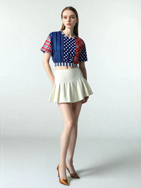 Serendipity Plaid Patchwork Eco-Poly Short Sleeve Cropped Pullover