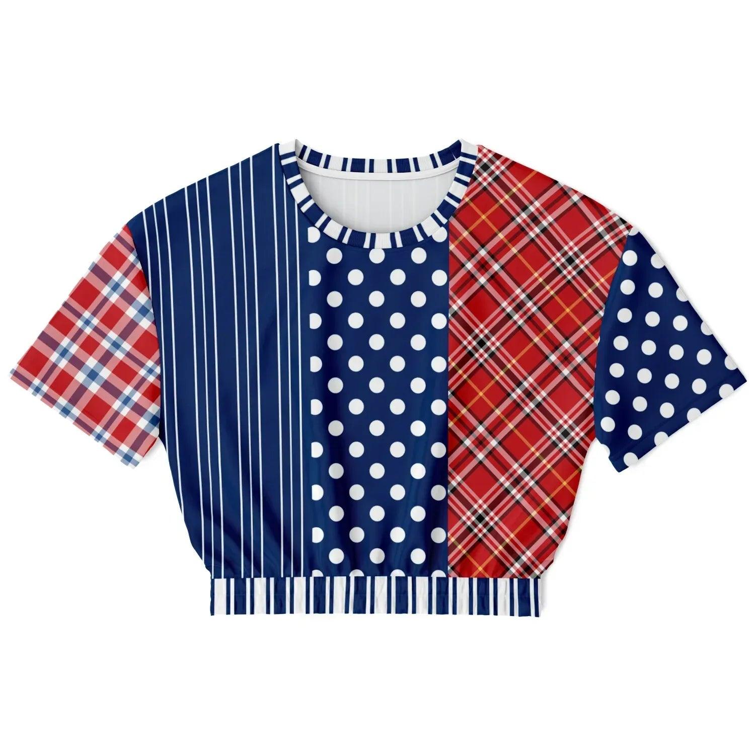 Serendipity Plaid Patchwork Eco-Poly Short Sleeve Cropped Pullover
