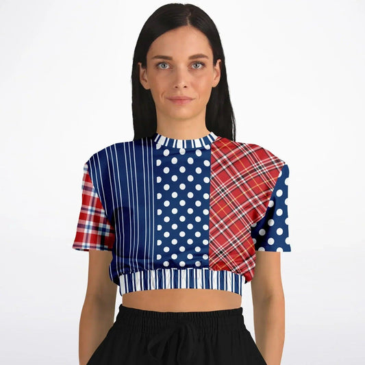 Serendipity Plaid Patchwork Eco-Poly Short Sleeve Cropped Pullover
