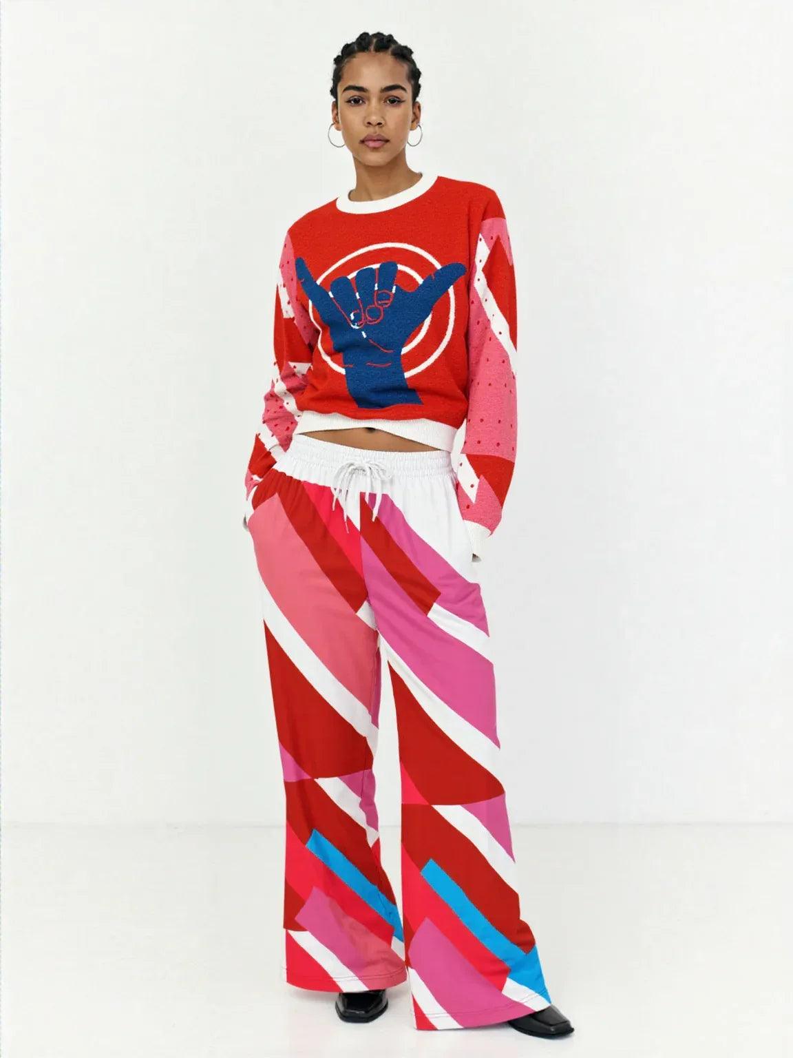 Shaka Laka Crimson Abstract Geo Stripe Eco-Poly Wide Leg Pants