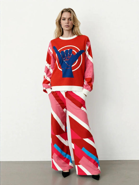 Shaka Laka Crimson Abstract Geo Stripe Eco-Poly Wide Leg Pants