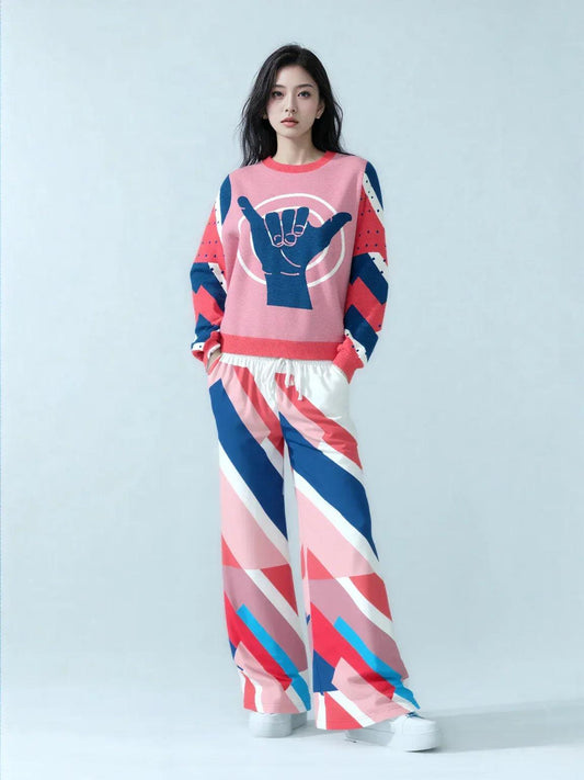 Shaka Laka Geranium Pink Abstract Geo Stripe Eco-Poly Wide Leg Pants