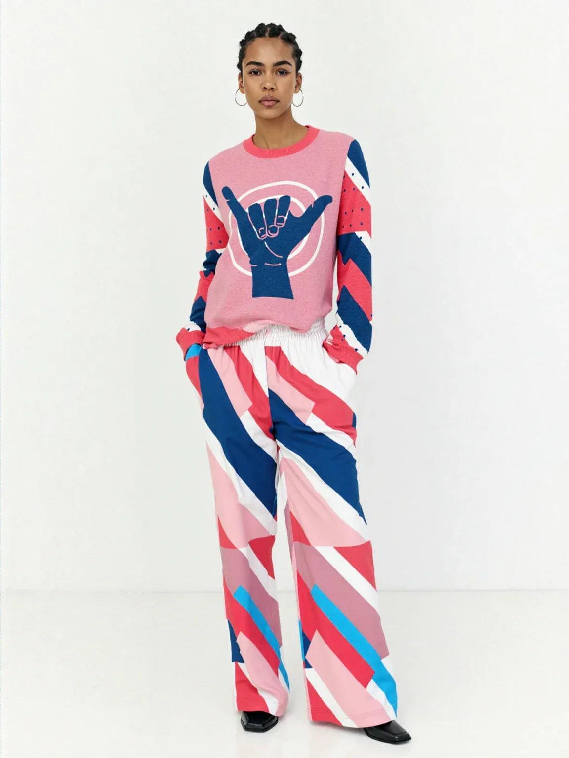Shaka Laka Geranium Pink Abstract Geo Stripe Eco-Poly Wide Leg Pants