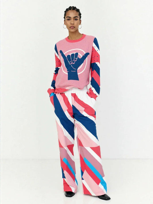 Shaka Laka Geranium Pink Abstract Geo Stripe Eco-Poly Wide Leg Pants