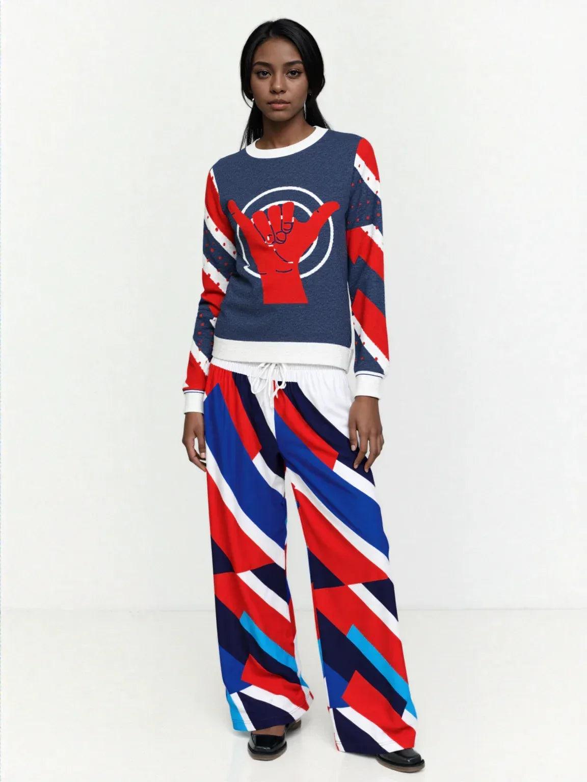 Shaka Laka Navy Blue Abstract Geo Stripe Eco-Poly Wide Leg Pants