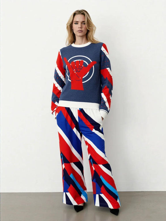 Shaka Laka Navy Blue Abstract Geo Stripe Eco-Poly Wide Leg Pants