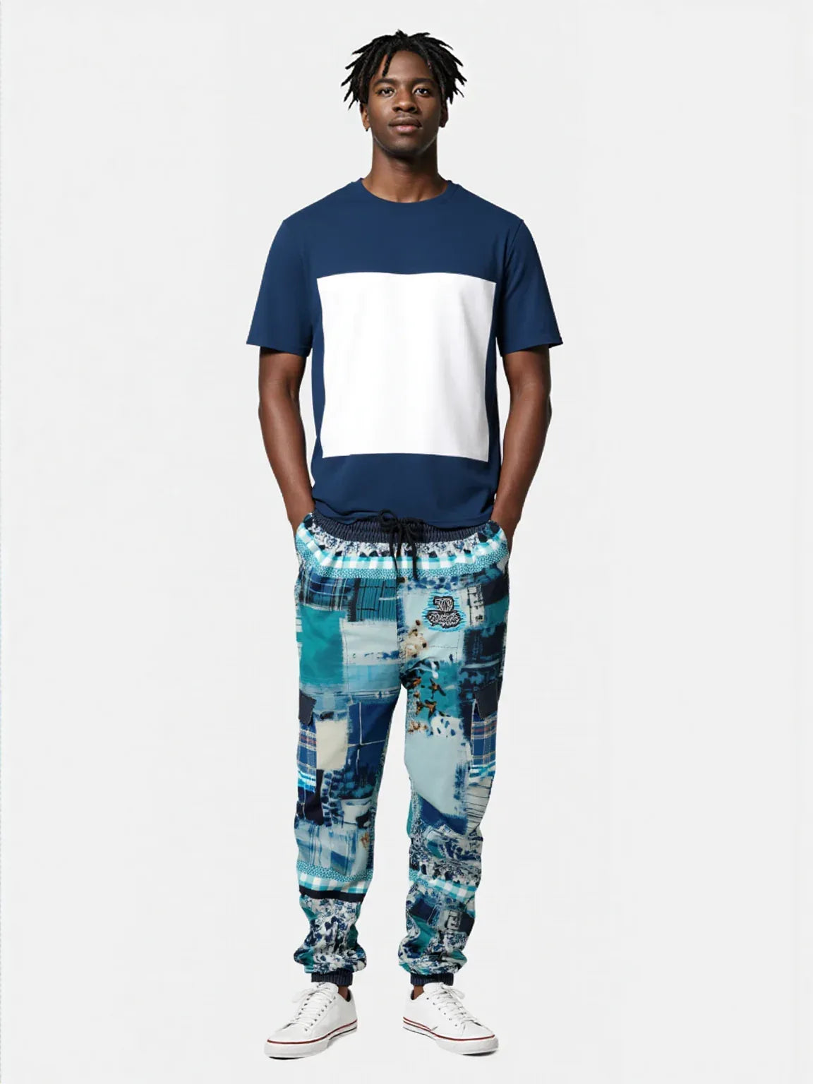 Blue Laxshmi Denim Plaid Patchwork Print Eco-Poly Unisex Cargo Joggers