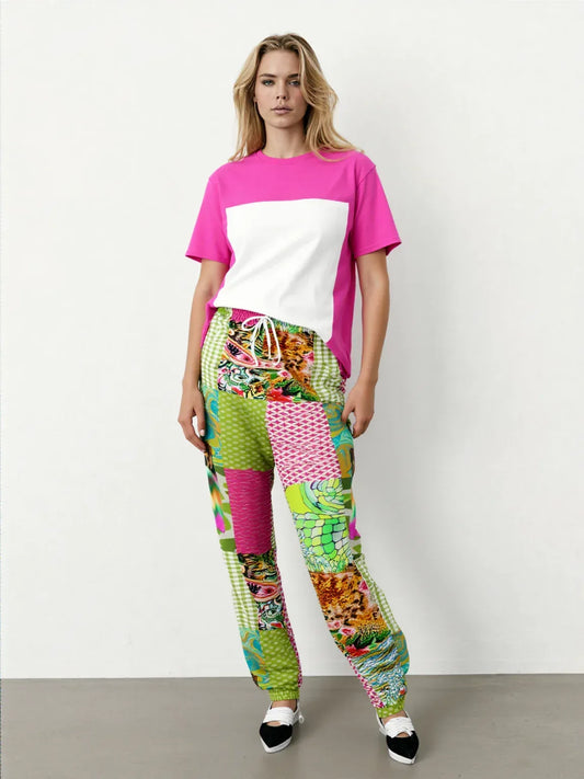 Pink Cerise Plaid Paisley Eco-Poly Cargo Joggers