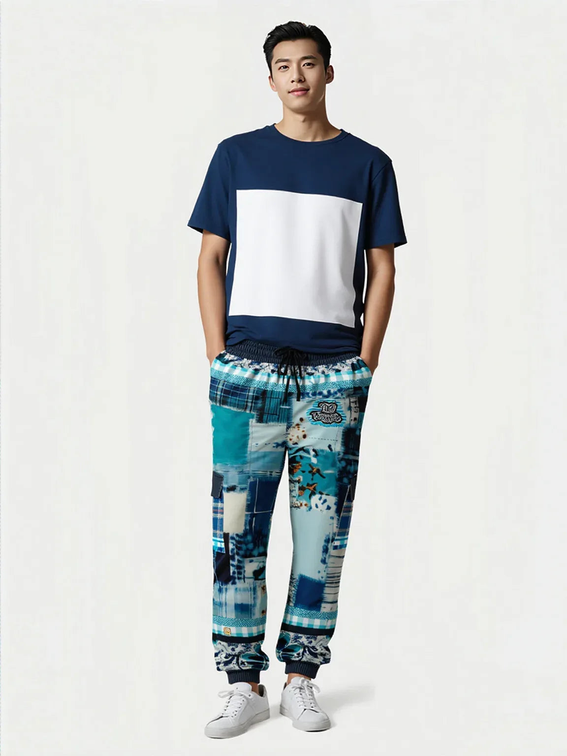 Blue Laxshmi Denim Plaid Patchwork Print Eco-Poly Unisex Cargo Joggers