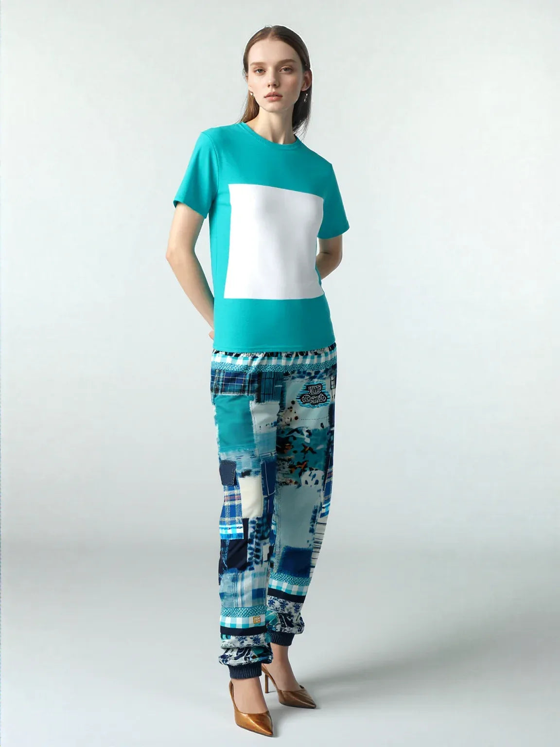 Blue Laxshmi Denim Plaid Patchwork Print Eco-Poly Unisex Cargo Joggers