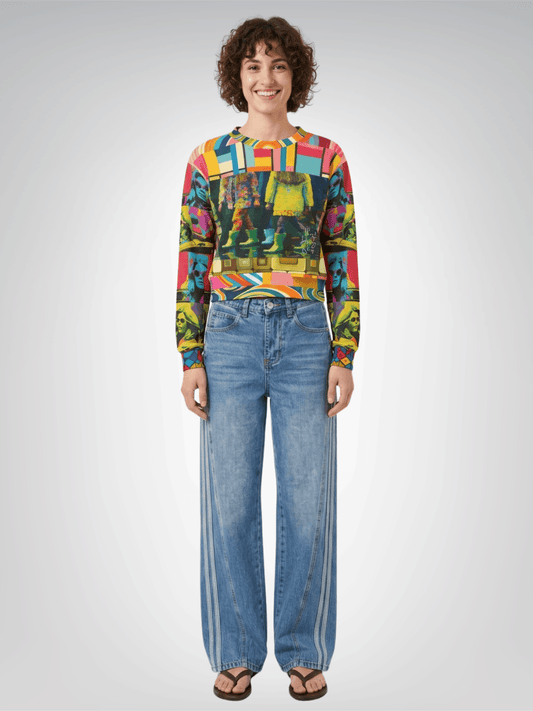 Spring Rain Retro Hippie Colorblock Cropped Sweatshirt (Gold Label)