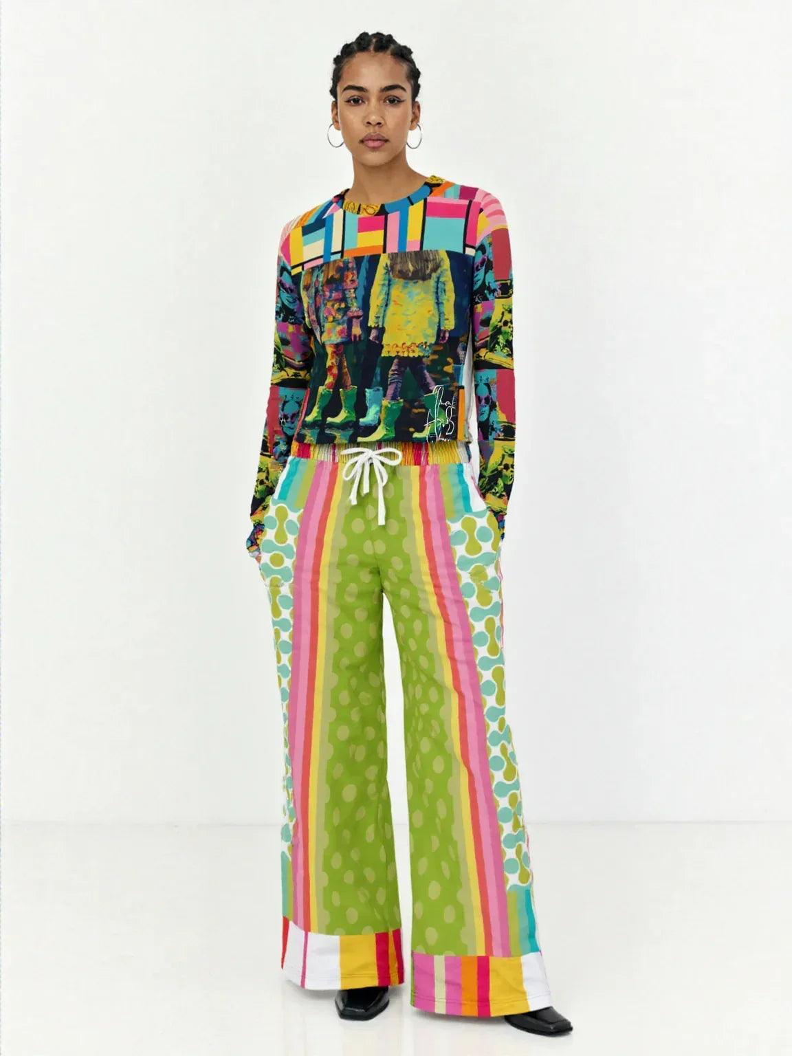 Green Anjou Pear Hobo Patchwork Eco-Poly Wide Leg Pants