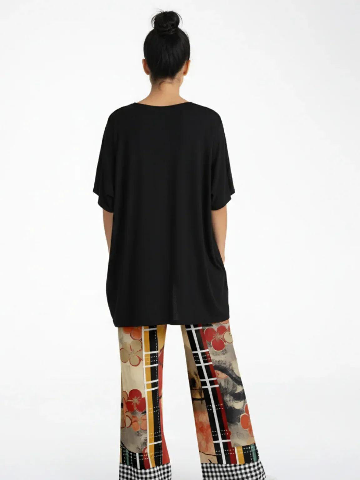 Springtime in Asia in Floral Stripes Patchwork Eco-Poly Wide Leg Pants