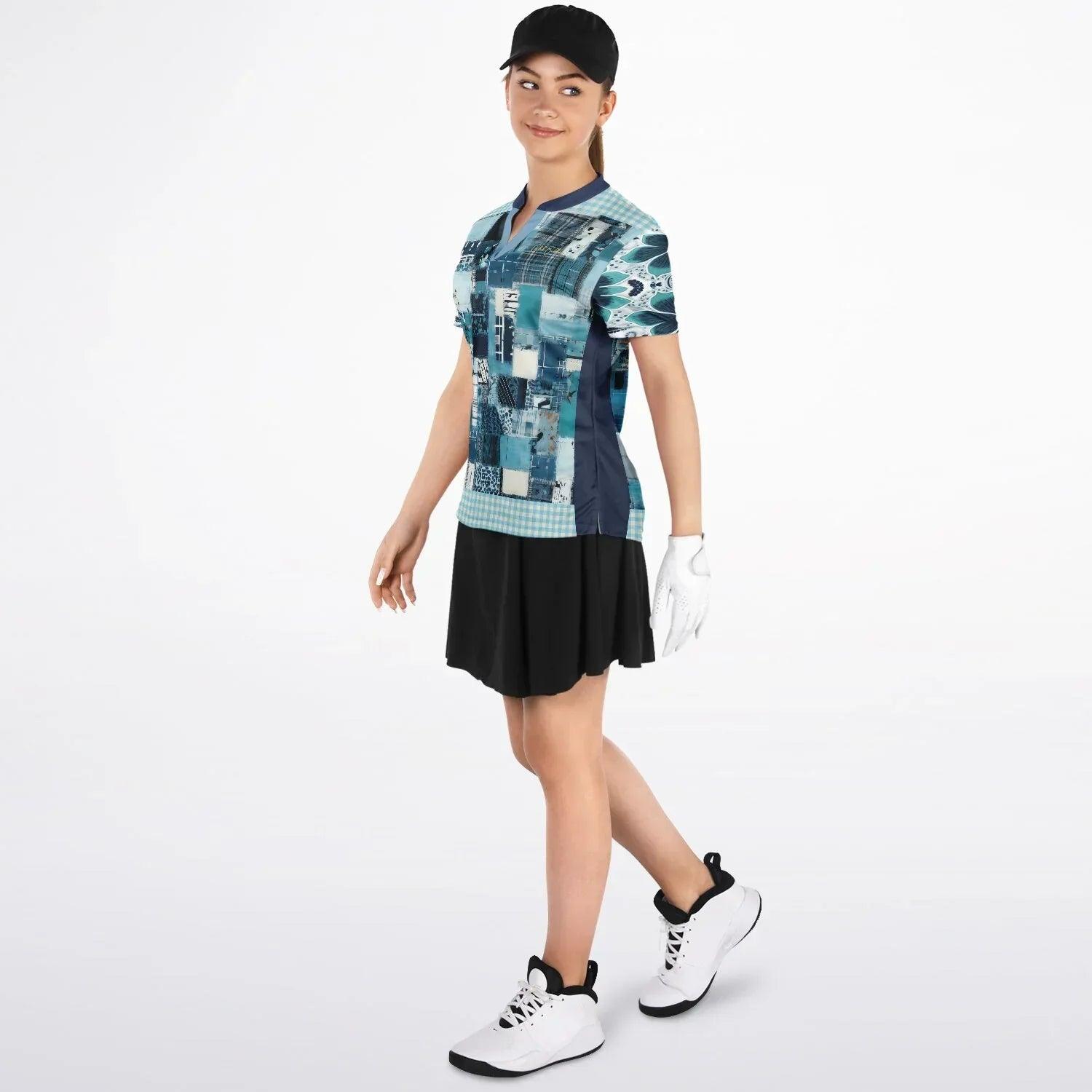 Turquoise Gingham Plaid Train to Georgia Mandarin Collar Ladies Golf Polo Jersey