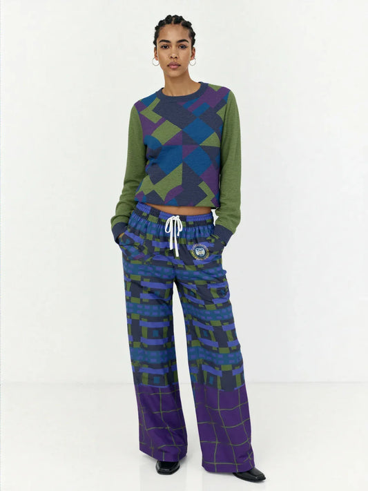 Navy and Green Square Olympia Plaid Eco-Poly Wide Leg Pants