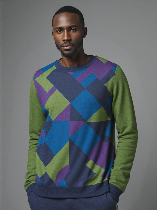 Striped in Green Geo Knitted Crewneck Sweater