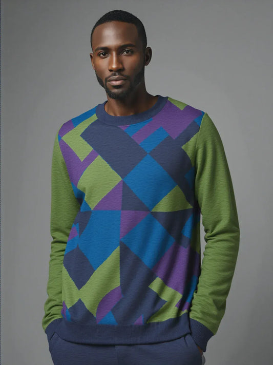 Striped in Green Geo Knitted Crewneck Sweater