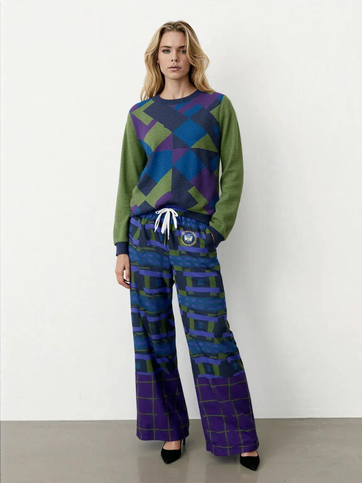 Navy and Green Square Olympia Plaid Eco-Poly Wide Leg Pants
