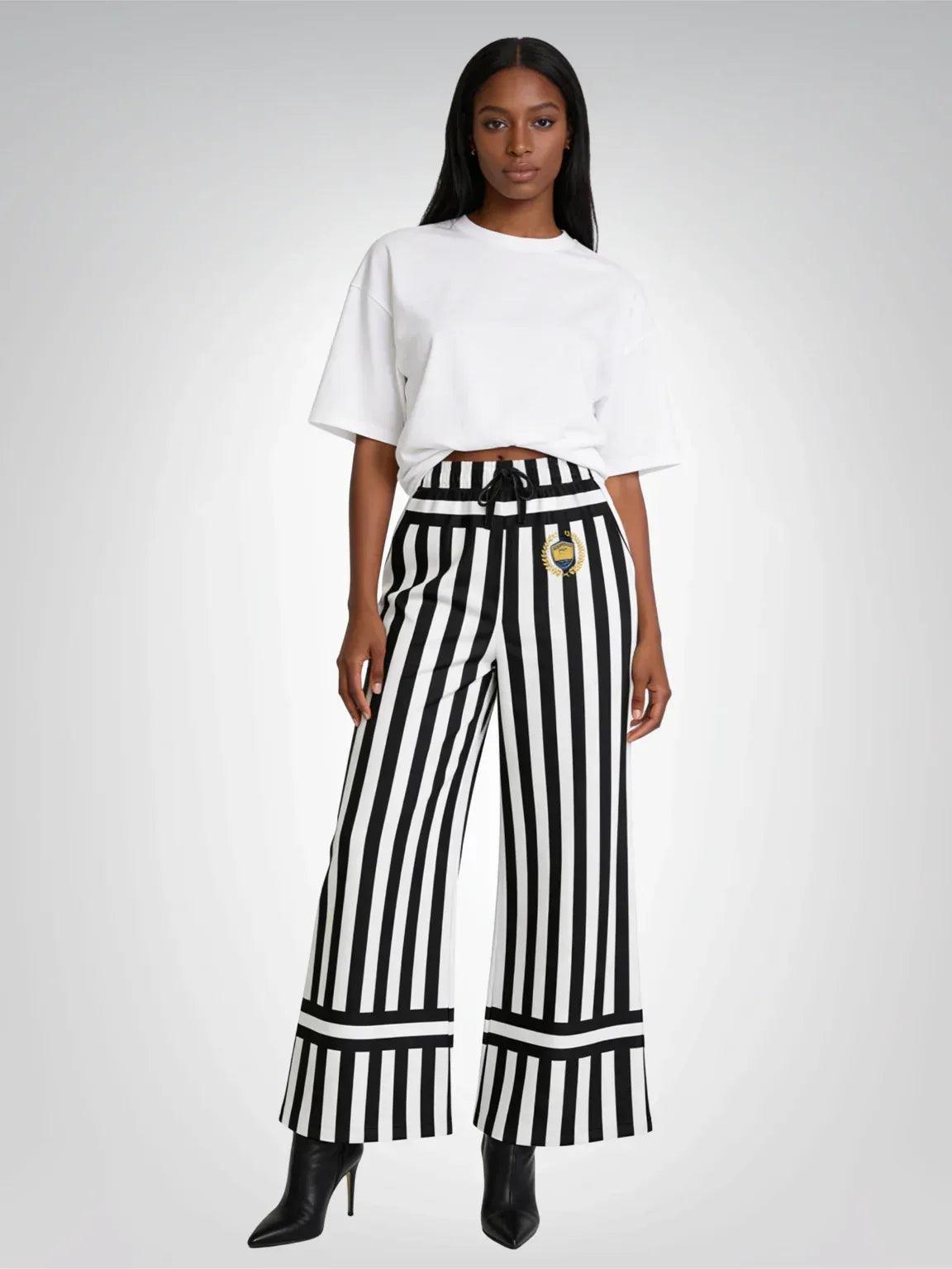Stripes in Black and White Eco-Poly Wide Leg Pants