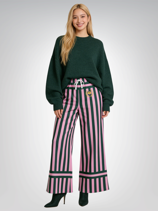 Stripes in Kash Green and Pink Eco-Poly Wide Leg Pants