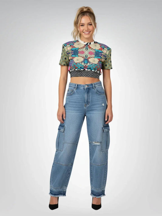 Sunflowers in My 1888 - Van Gogh - Plaid Floral Eco-Poly Short Sleeve Cropped Pullover