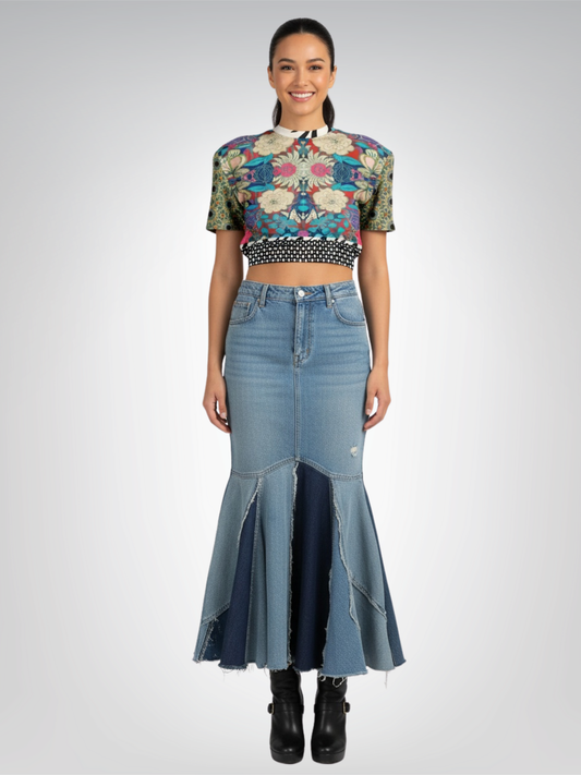 Sunflowers in My 1888 Van Gogh Plaid Floral Eco-Poly Short Sleeve Cropped Pullover