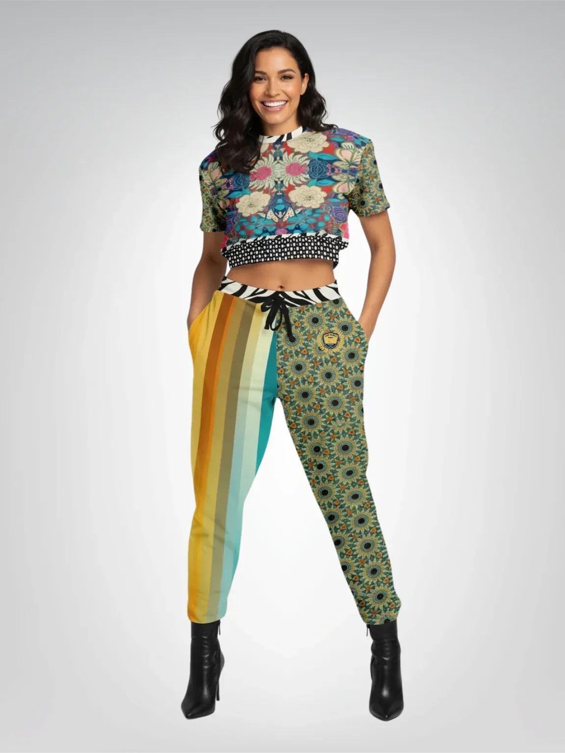 Sunflowers in My 1888 - Van Gogh - Plaid Floral Eco-Poly Short Sleeve Cropped Pullover