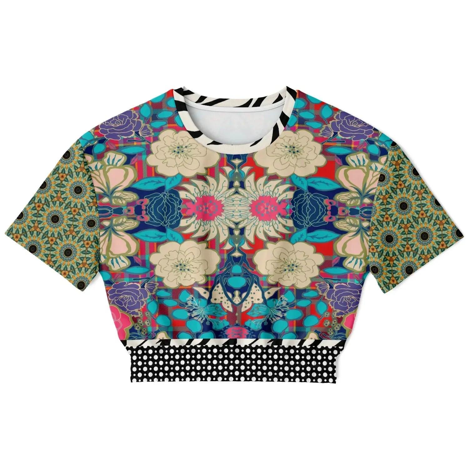 Sunflowers in My 1888 - Van Gogh - Plaid Floral Eco-Poly Short Sleeve Cropped Pullover