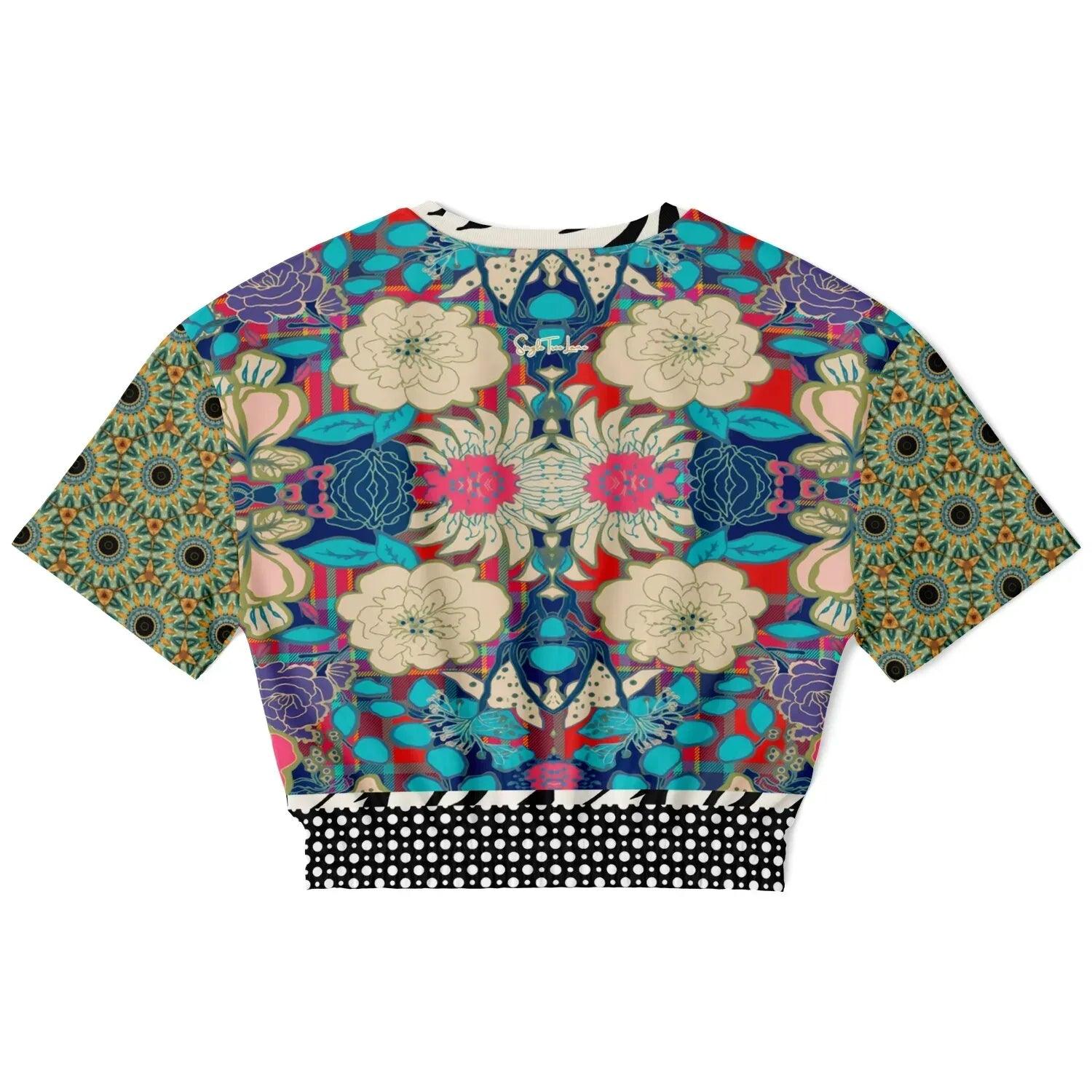 Sunflowers in My 1888 - Van Gogh - Plaid Floral Eco-Poly Short Sleeve Cropped Pullover