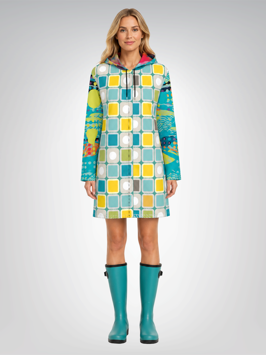 Sunny Aqua Mod Tile Womens Hooded Rain Jacket