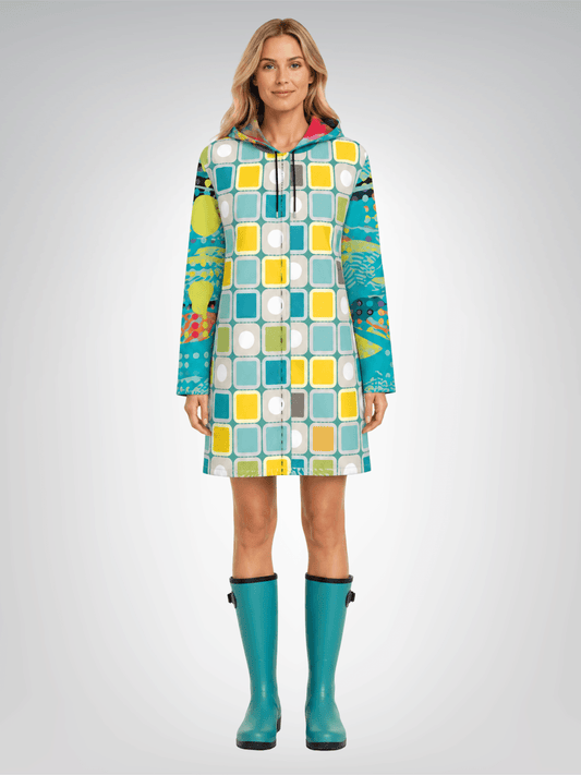 Sunny Aqua Mod Tile Womens Hooded Rain Jacket