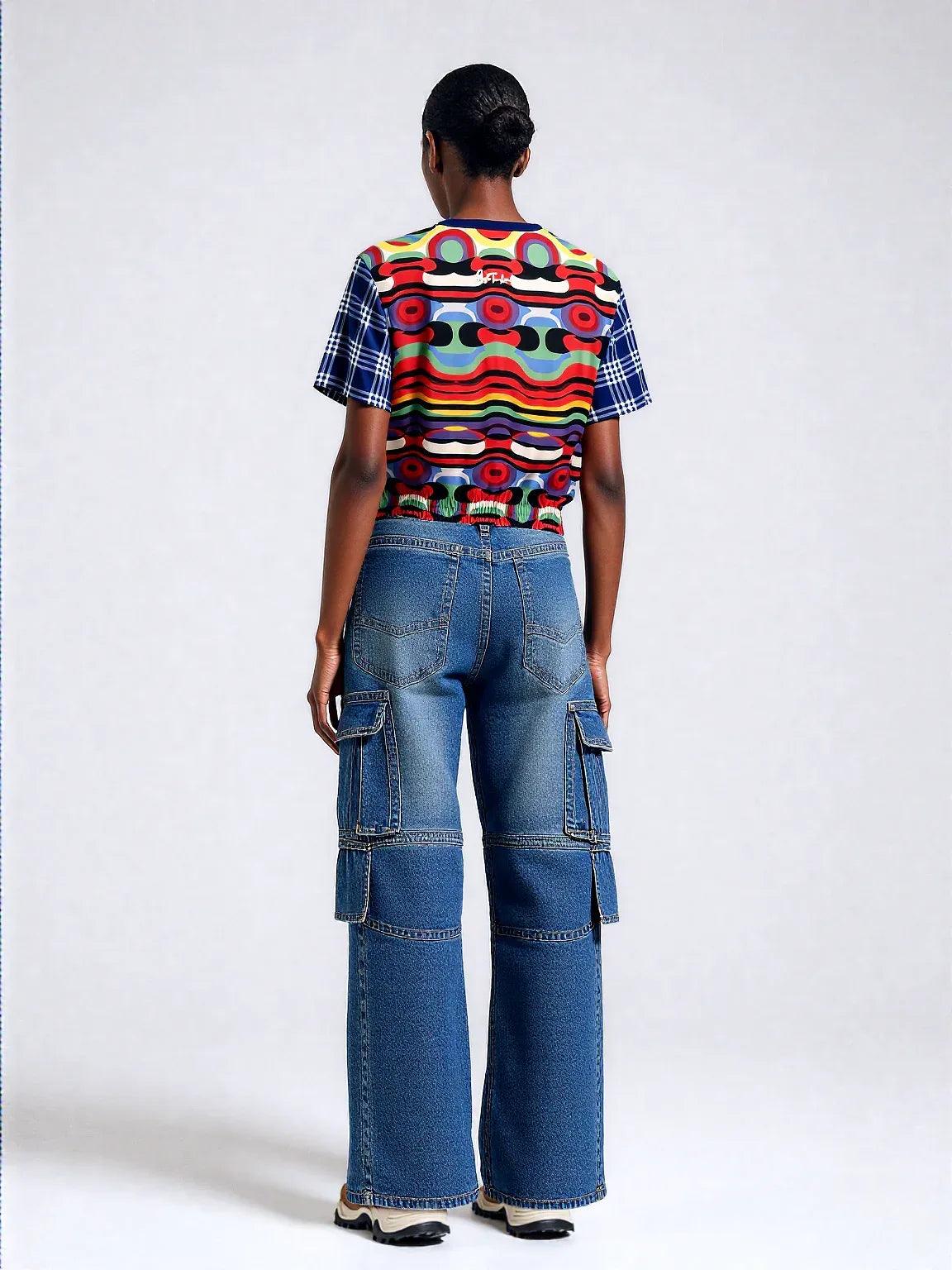 Sunset in Cassis Abstract Rainbow Stripe Eco-Poly Short Sleeve Cropped Pullover