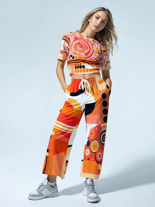 Sunset Springs Abstract 70s Print Eco-Poly Cropped Short Sleeve Pullover