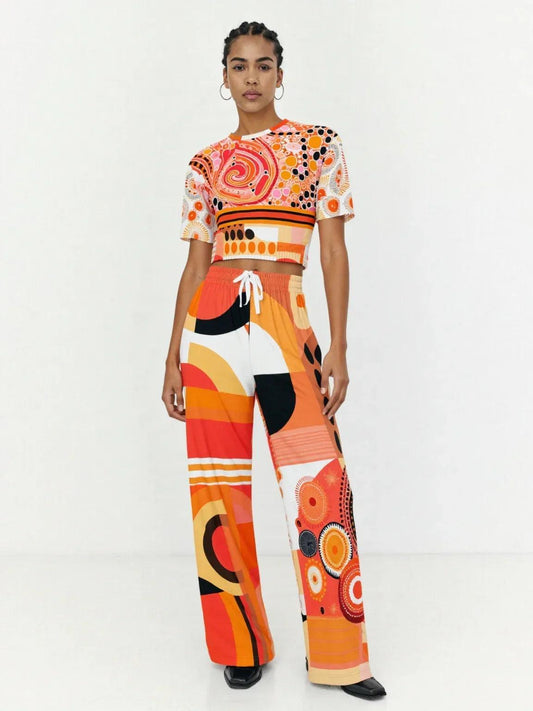 Sunset Springs Abstract 70s Print Eco-Poly Cropped Short Sleeve Pullover